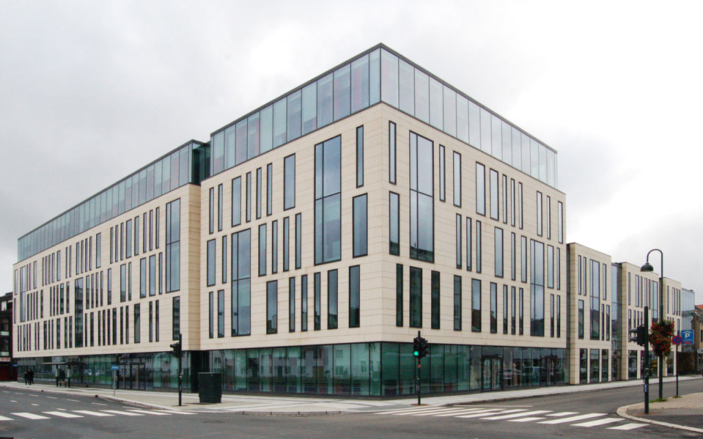 Gyldengården architectural stone details with strict window placement