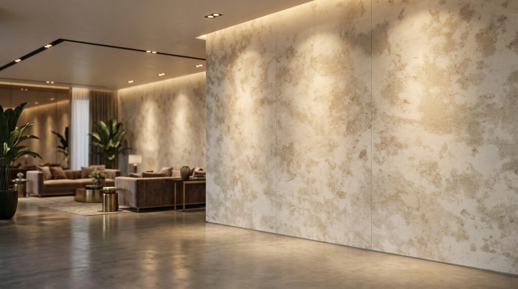 Luxury hotel lobby accent wall and staircase clad in natural Tiger Skin Vratza Limestone